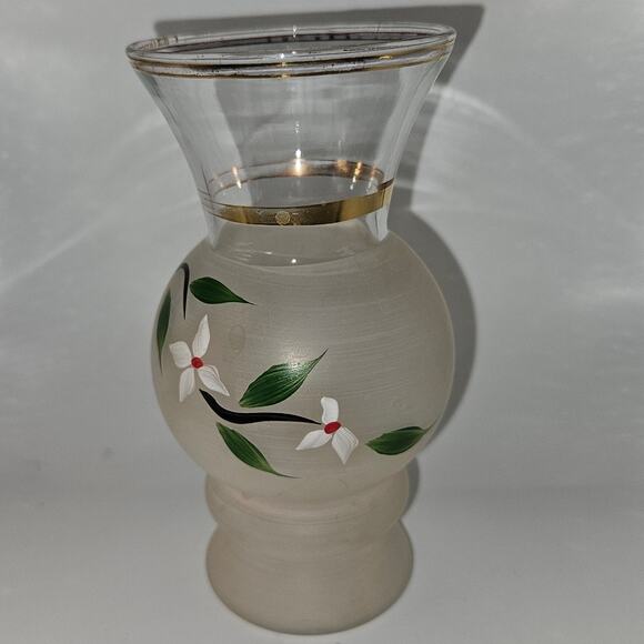 Pair Vintage 6" Frosted Glass Vases Hand Painted White Flowers Green Leaves Gold - Picture 7 of 8
